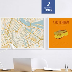 Estampes d’Amsterdam | Ensemble de 2 | Carte d'Amsterdam | Affiche de chaussures en bois | Œuvre d’art hollandaise moderne | Décor orange de Hollande | Art numérique