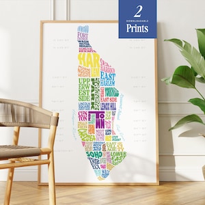Print NYC-buurt | Manhattan Burrows | Woordkunst | Stadsplattegrond New York | Kleurrijke poster | Grafische digitale download