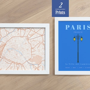 Lot de 2 tirages d'art Paris | Impression du plan de Paris | Impression de lampadaire parisien | Affiche de carte routière de la ville de Paris | Style de ligne | Téléchargement numérique