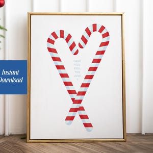 Impression de canne en bonbon | Noël romantique | Amour des Fêtes à imprimer | Carte de Noël | Impression téléchargeable | Décoration murale coeur