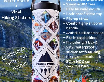 Garrafa de água personalizada para trilhas e adesivos das montanhas Blue Ridge