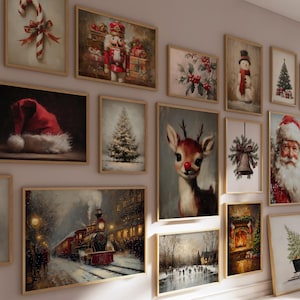 May include: A collection of framed Christmas-themed art prints. The prints feature a variety of holiday images, including Santa Claus, a reindeer, a Christmas tree, a snowman, and a train. The color palette includes red, green, and gold.