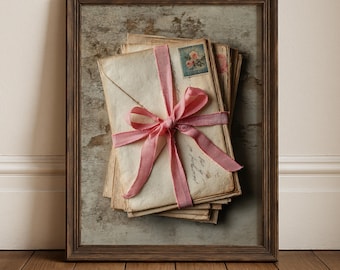 May include: A framed print featuring a stack of vintage envelopes tied with a pink ribbon. The envelopes have stamps and handwritten script. The frame is a dark brown color, and the background has a distressed, aged appearance.