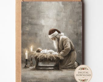 Christmas Nativity Card Printable Religious Greeting Instant Download Baby Jesus Manger Scene Vintage Santa Artwork Faith Blank Inside