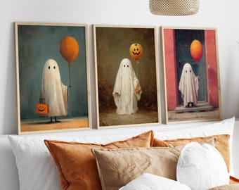 Arte de parede imprimível com fantasmas para o Halloween | Decoração de Halloween | Arte imprimível com fantasmas | Galeria de parede de Halloween | Impressão de fantasma fofo | Arte vintage de outono