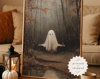 Ghost Wall Art Halloween Home Spooky Autumn Print Poster Fall Scene Illustration Sheet Swing Whimsical Seasonal October Physical Print