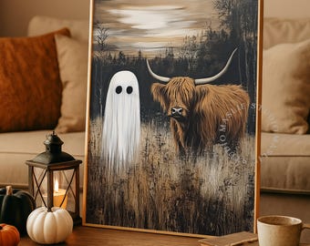 Ghost Highland Cow Printable Wall Art | Halloween Decor | Moody Ghost Wall Art | Ghost Poster | Halloween Gallery Wall | Highland Cow Print