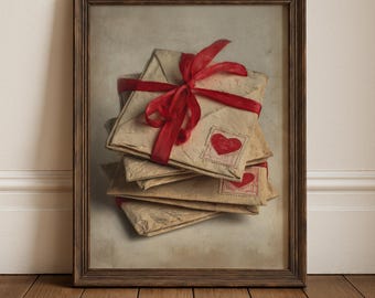 May include: A framed print featuring a stack of vintage envelopes tied with a red ribbon. Each envelope has a heart-shaped stamp. The artwork is set against a neutral background, with a wooden frame.