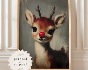 Rudolph Christmas Wall Art Print Vintage Print Reindeer Wall Decor Woodland Animal Painting Poster Holiday Home Decoration Rustic Physical