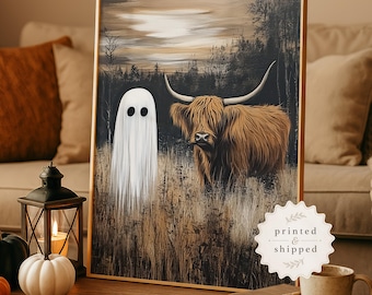 Halloween Wall Art Print Poster Highland Cow Ghost Print Vintage Farmhouse Halloween Home Autumn Fall Seasonal Display Rustic Spooky Funny