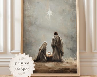 Nativity Scene Print Religious Art Holy Family Wall Decor Christian Home Manger Scene Baby Jesus Bethlehem Star Painting Neutral Artwork
