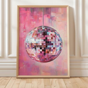 Wydruk artystyczny Disco Ball | Modny różowy wydruk artystyczny | Wydruk Preppy Mirror Ball | Wydruk Disco Ball | Różowy wystrój akademika | Różowy wydruk ścienny do pokoju dziewczynki