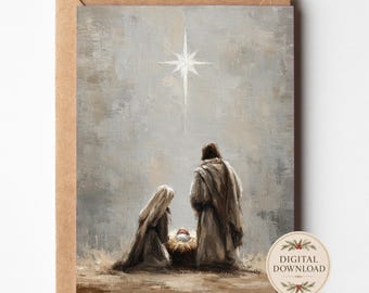 Christmas Nativity Greeting Card Printable Download Digital Instant Religious Holy Family Jesus Birth Scene Bethlehem Star Blank Inside