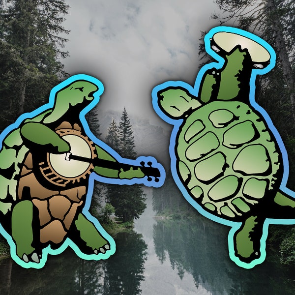 Terrapin Turtle With Banjo & Terrapin Turtle With Tambourine Waterproof Vinyl Sticker Decal Grateful Dead Lyric Art