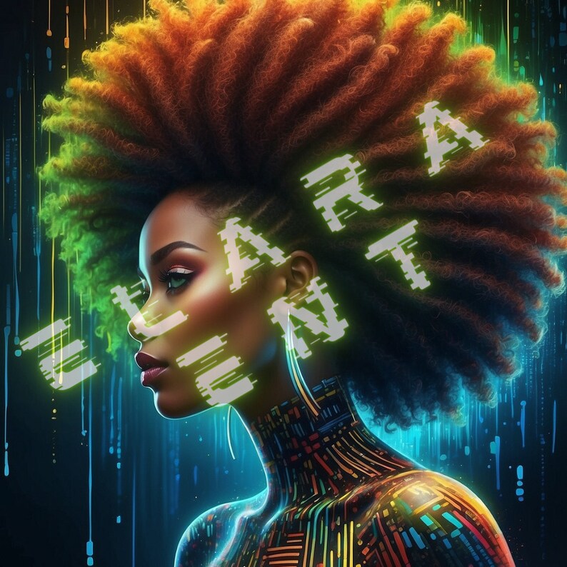 Op de afbeelding: Een vrouw met een groot afrokapsel, die een kleurrijk, gepatroneerd pak draagt. Het woord "ELEMENT" staat in een glitchy, neon groene lettertype over haar gezicht.
