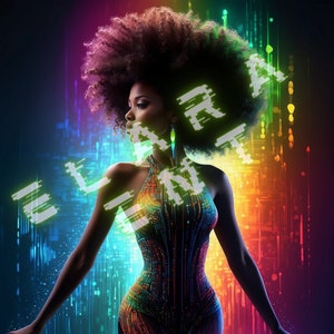 Op de afbeelding: Een vrouw met een afrokapsel poseert in een kleurrijke, gepatroneerde jurk tegen een achtergrond van levendige, gepixelde lichten. De woorden "Elegant" en "Lara" worden weergegeven in een glitchy, digitaal lettertype.