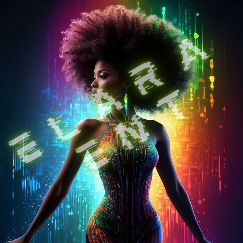 Op de afbeelding: Een vrouw met een afrokapsel poseert in een kleurrijke, gepatroneerde jurk tegen een achtergrond van levendige, gepixelde lichten. De woorden "Elegant" en "Lara" worden weergegeven in een glitchy, digitaal lettertype.