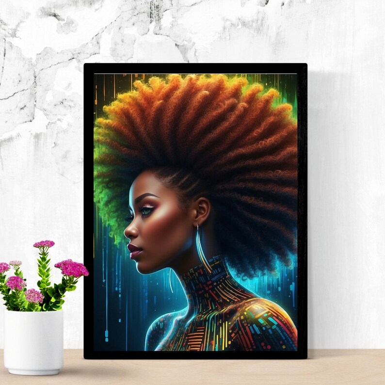 Op de afbeelding: Een digitale kunstprint van een vrouw met een kleurrijk afrokapsel en kleurrijke geometrische patronen op haar lichaam. De achtergrond is een blauwe en groene gradi&euml;nt met verticale lijnen.