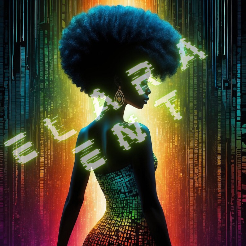 Op de afbeelding: Een vrouw met een afrokapsel staat voor een kleurrijke, gepixelde achtergrond. Het woord "ELEMENT" is geschreven in een glitching, pixelachtige lettertype over de afbeelding.