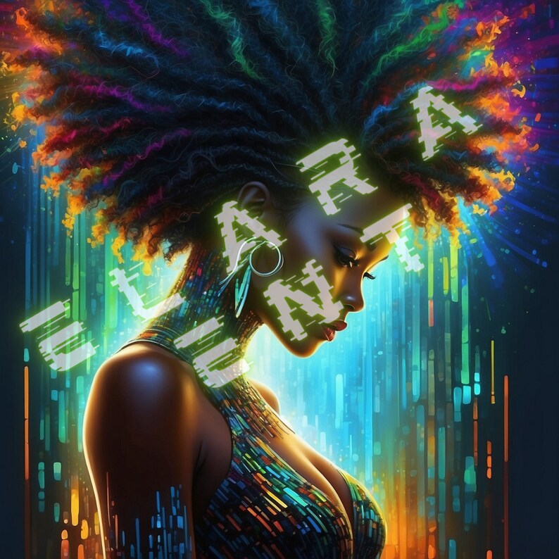 Op de afbeelding: Een vrouw met kleurrijk haar en een glinsterend, regenboogkleurig topje met het woord "ELARA" in een glitch-lettertype over haar borst. De achtergrond is een wazige reeks van verticale, kleurrijke lijnen.