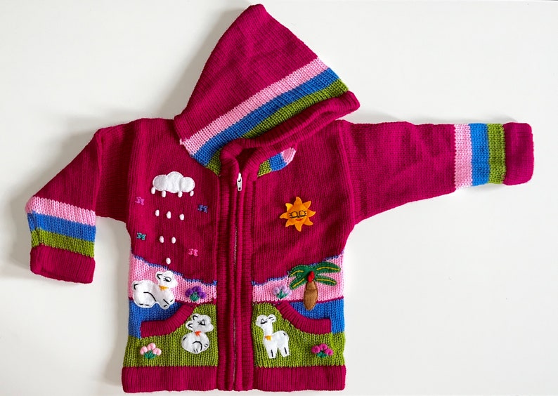Peruvian kids cardigan Alpaca wool, sweater, hoodie, handmade, Peru, hoodie, knitted unique wool jacket toddler image 1