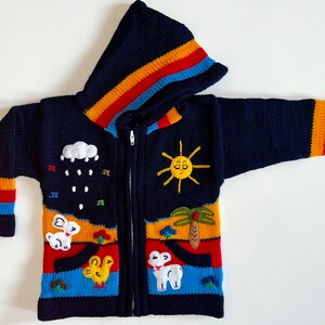 Peruanische Kinder Strickjacke Alpakawolle, Pullover, Hoodie, Handmade, Peru, Kapuzenpullover, gestrickte einzigartige Wolljacke Kleinkind Blau