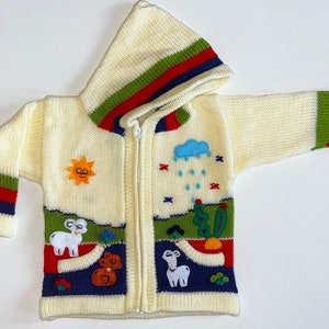 Peruanische Kinder Strickjacke Alpakawolle, Pullover, Hoodie, Handmade, Peru, Kapuzenpullover, gestrickte einzigartige Wolljacke Kleinkind Gelb