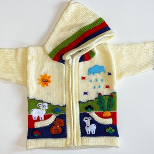 Peruanische Kinder Strickjacke Alpakawolle, Pullover, Hoodie, Handmade, Peru, Kapuzenpullover, gestrickte einzigartige Wolljacke Kleinkind Bild 2