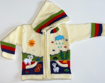 Peruanische Kinder Strickjacke | Alpakawolle, Pullover, Hoodie, Handmade, Peru, Kapuzenpullover, gestrickte einzigartige Wolljacke Kleinkind