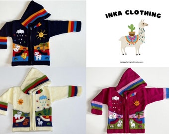 Cárdigan peruano para niños | Lana de alpaca, suéter, sudadera con capucha, hecho a mano, Perú, sudadera con capucha, chaqueta de lana única de punto para niños pequeños