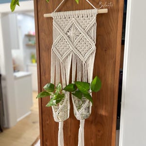 May include: A macrame plant hanger with two glass jars holding green plants. The off-white macrame features a geometric diamond pattern and a wooden dowel for hanging. The jars are suspended by white cords with tassels.
