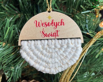 Polish Christmas Ornament - Wesołych Świąt ornament - Macrame Wood Ornament - Polska Bąbka Świąteczna
