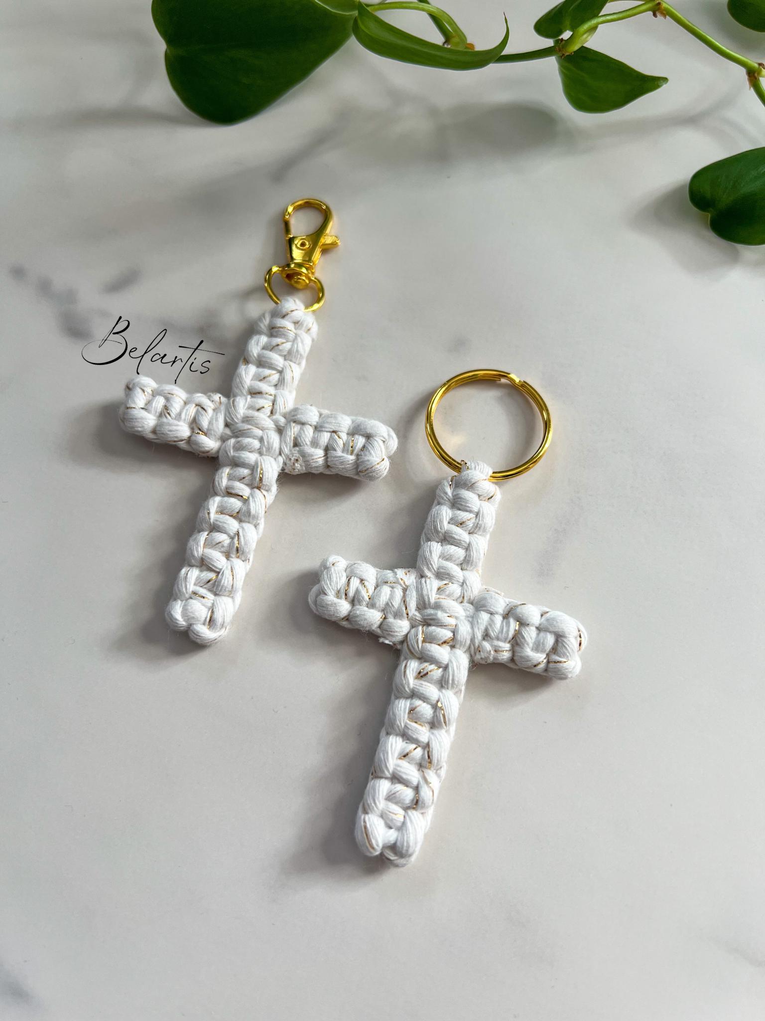 Golden White Macrame Cross Keychain - Handmade Christian Gift for ...