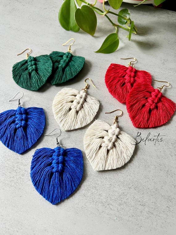 Macrame Feather Earrings Holiday Statement Earrings Bohemian
