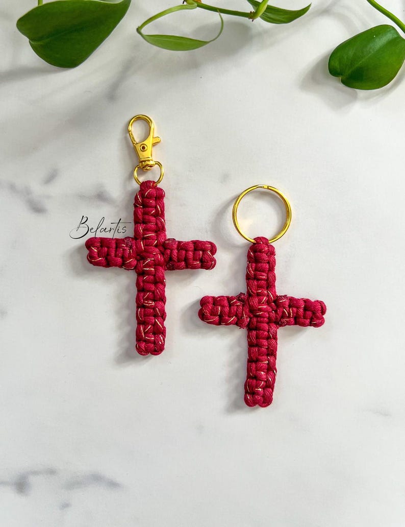 Golden Wine Red Macrame Cross Keychain – Handmade Christian Gift for ...