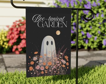 Spooky Ghost Garden Flag: Halloween Outdoor Yard Banner, Floral Design (12x18)