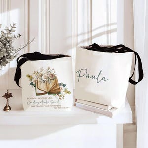 Personalized Book Lover Tote Bag: Floral Book Design image 1