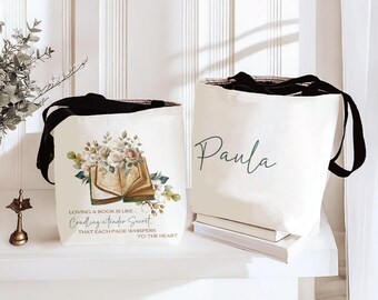 Personalized Book Lover Tote Bag: Floral Book Design