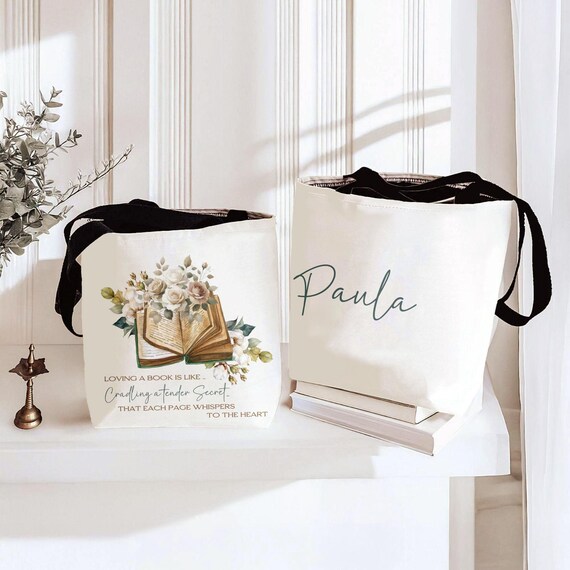 Personalized Book Lover Tote Bag: Floral Book Design