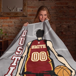 Basketball Blanket, Personalized Custom Name Fleece Throw, Unique Gift for Basketball Players, Soft Sports Blanket for Kids and Teens,