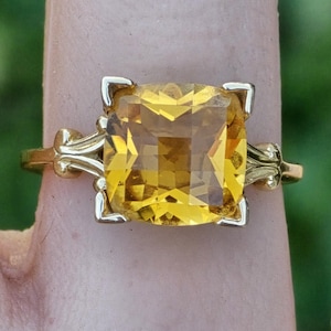 Impressive Antique Cushion Cut 3 Carat Citrine 14k Cocktail Ring