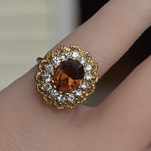 Vintage 2 Carat Citrine & Cubic Zirconia 18k Gold Filled Cocktail Ring