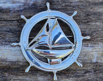 Sailboat on a Nautical Wheel Sterling Silver Brooch