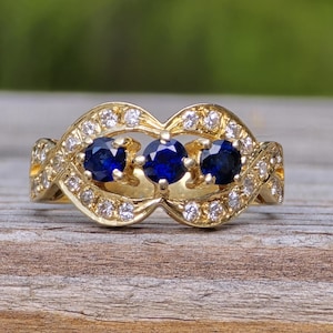 Lovely Sapphire and 1/4 Carat Diamond 14k Gold Cocktail Ring*