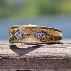 Vintage Textured 3 Diamond 14k Yellow & White Gold Band*