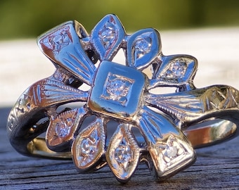 Vintage Art Nouveau Diamond 14k White Gold Cocktail Ring*