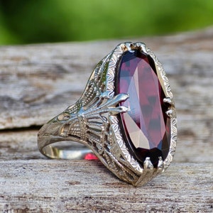 1930s Era Art Deco Filigree 3 Carat Fancy Cut Garnet 14k White Gold Ring*