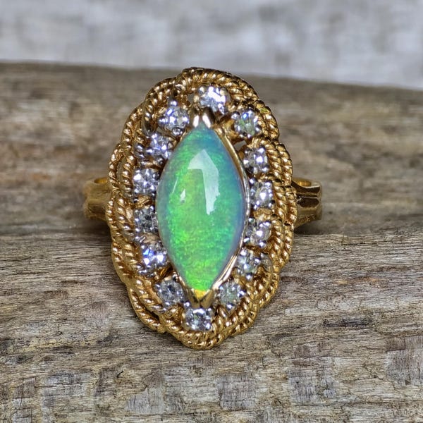 Reserved for Sebastain Beautiful 1 Carat Natural Opal Cabochon & Diamonds 14k Yellow Solid Gold Statement Cocktail Ring