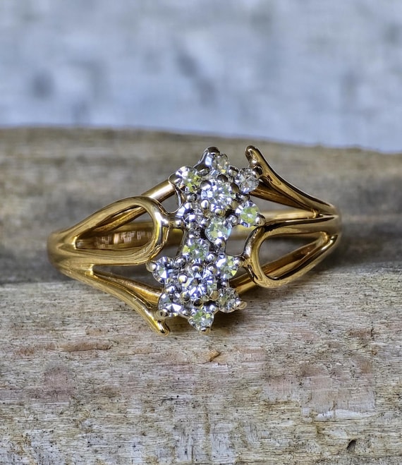 Elegant Double Flower Diamond Cluster 14k Yellow Gold Ring