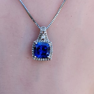 18 Inch Beautiful Blue Sapphire with Diamond Sterling Silver 925 Pendant & Necklace image 2